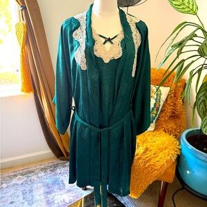 Vintage 80s California Dynasty Set Nightgown Robe Floral Lace